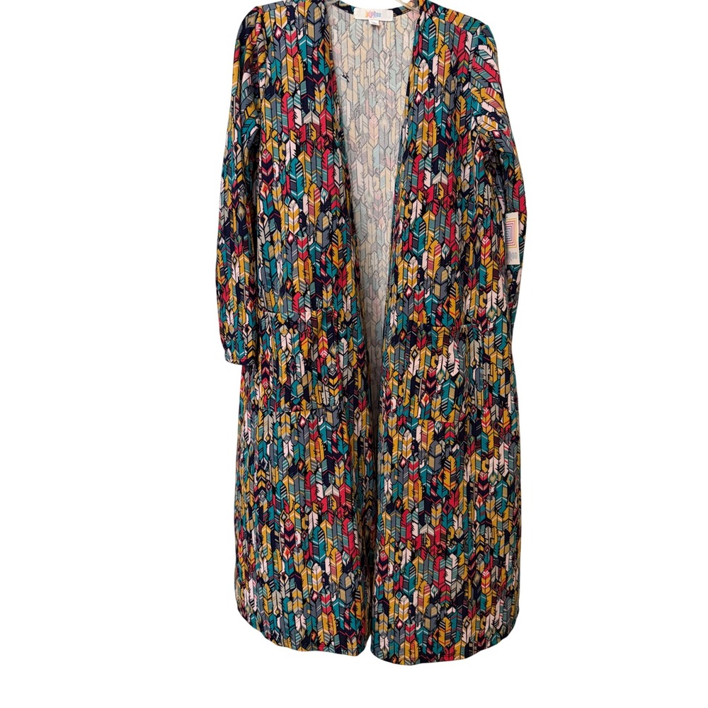 LuLaRoe Sarah Cardigan M Duster Long Open Front Feather Print Pockets New